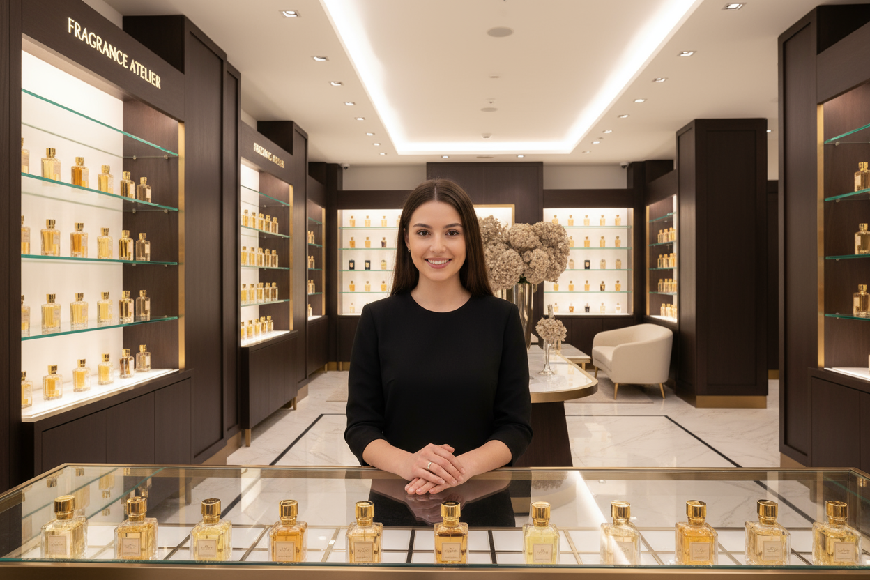 tienda de perfumes, la atiende una chica sonrriente y bonita