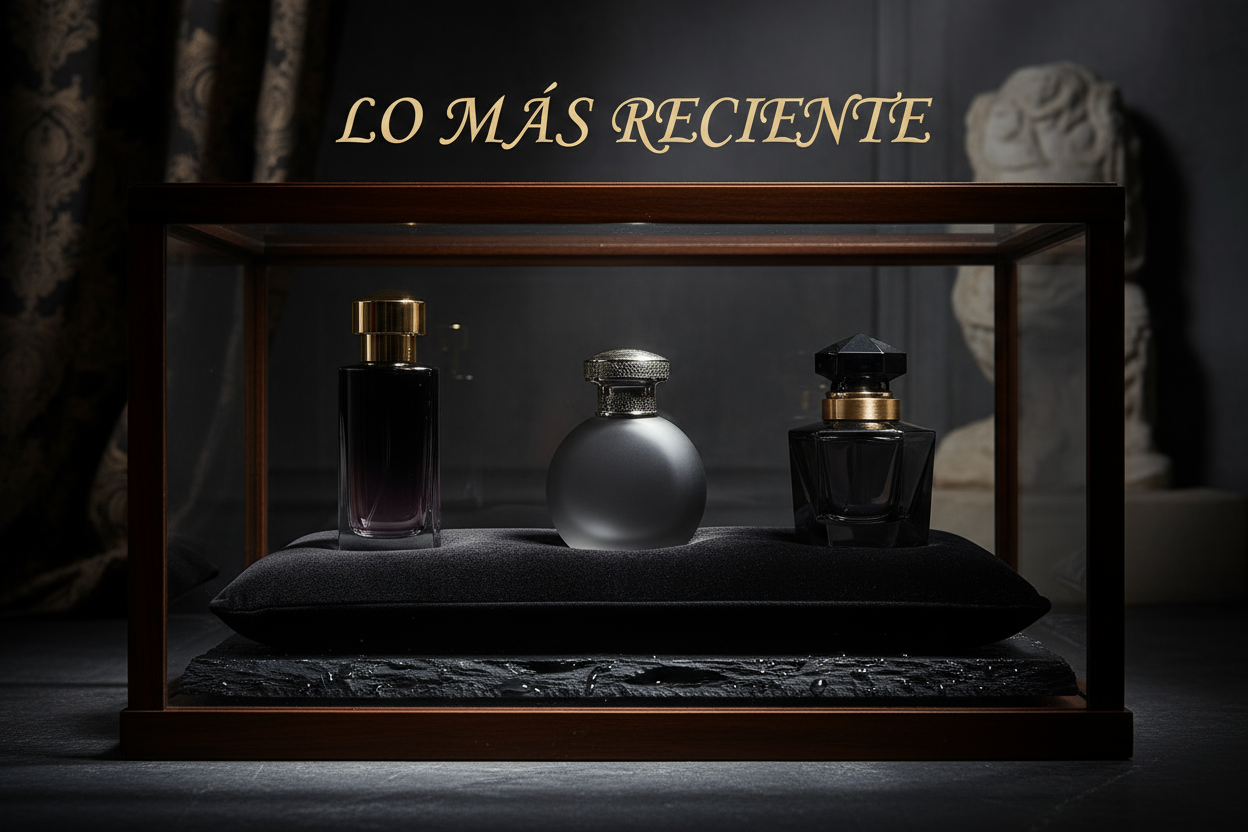 una vitrina lujosa con 3 botellas de perfume, la imagen es oscura y misteriosa, y la imagen tiene un texto que dice: LO MAS RECIENTE
